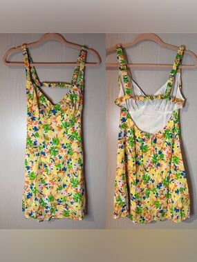 Sky To Moon Floral Print Yellow Cut Out Back Sun Dress with Straps Medium